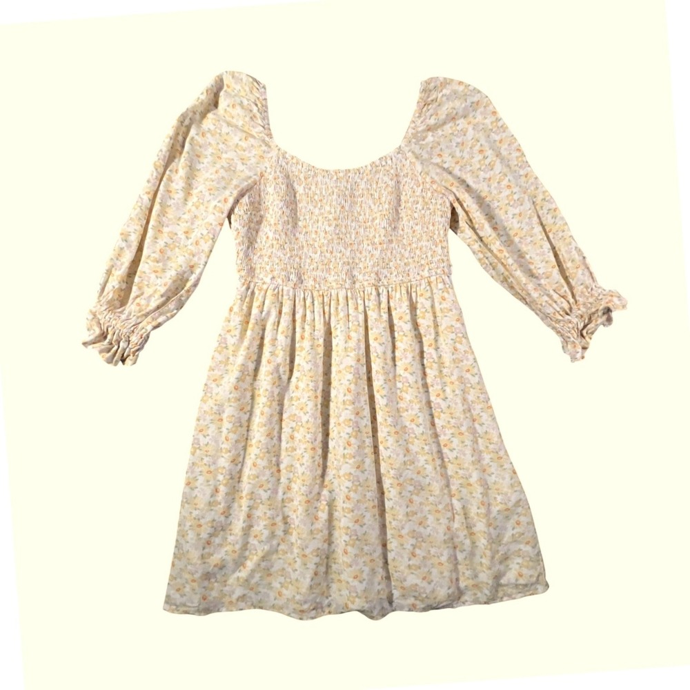 Hollister Floral Mini Dress Womens Small Yellow Smocked Puff Sleeve Babydoll